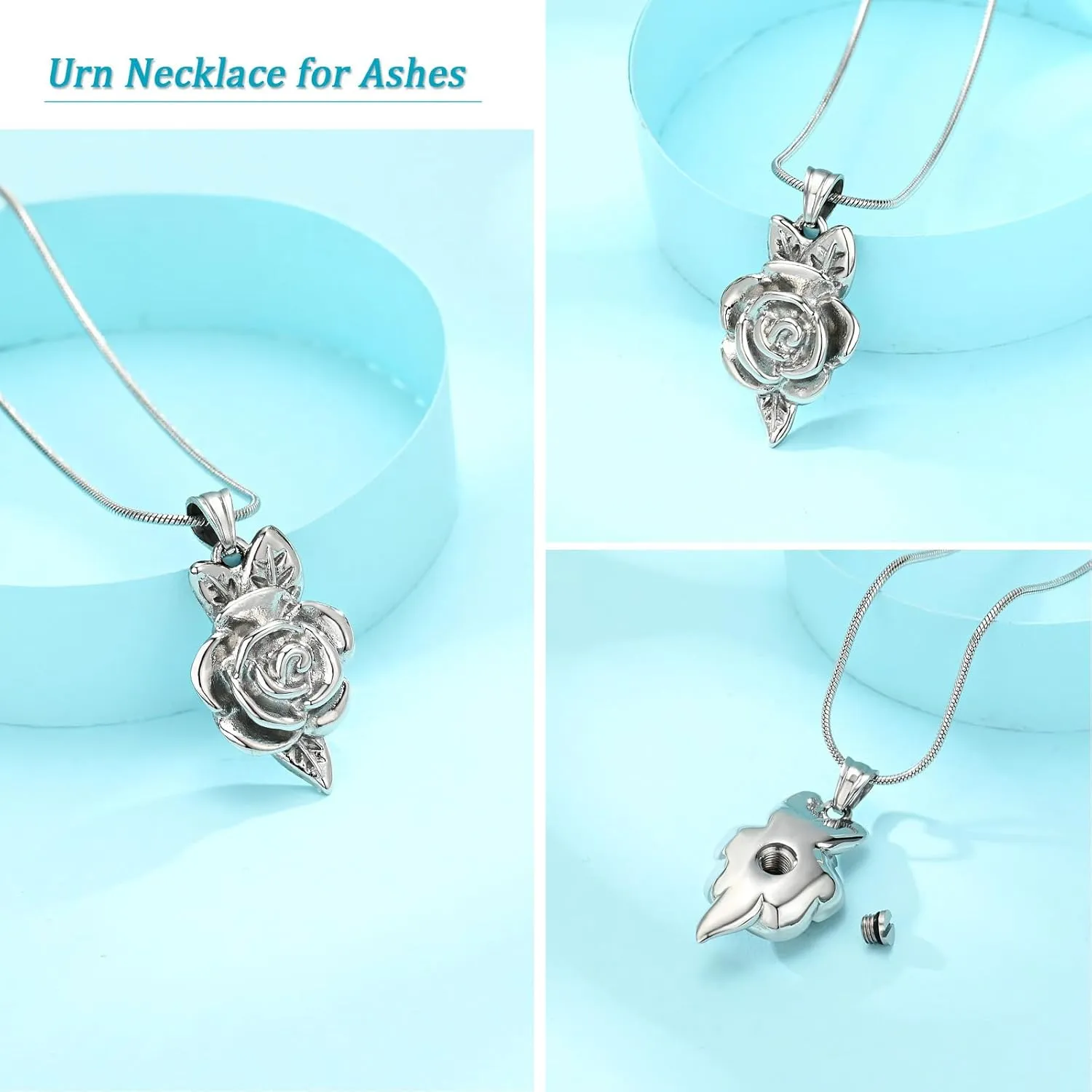 Rose Flower Urn Necklace for Ashes Cremation Jewelry for Women Girls Stainless Steel Memorial Necklaces Ash Holder for Human Pets Keepsake Jewelry for Loved Ones with Fill Tool