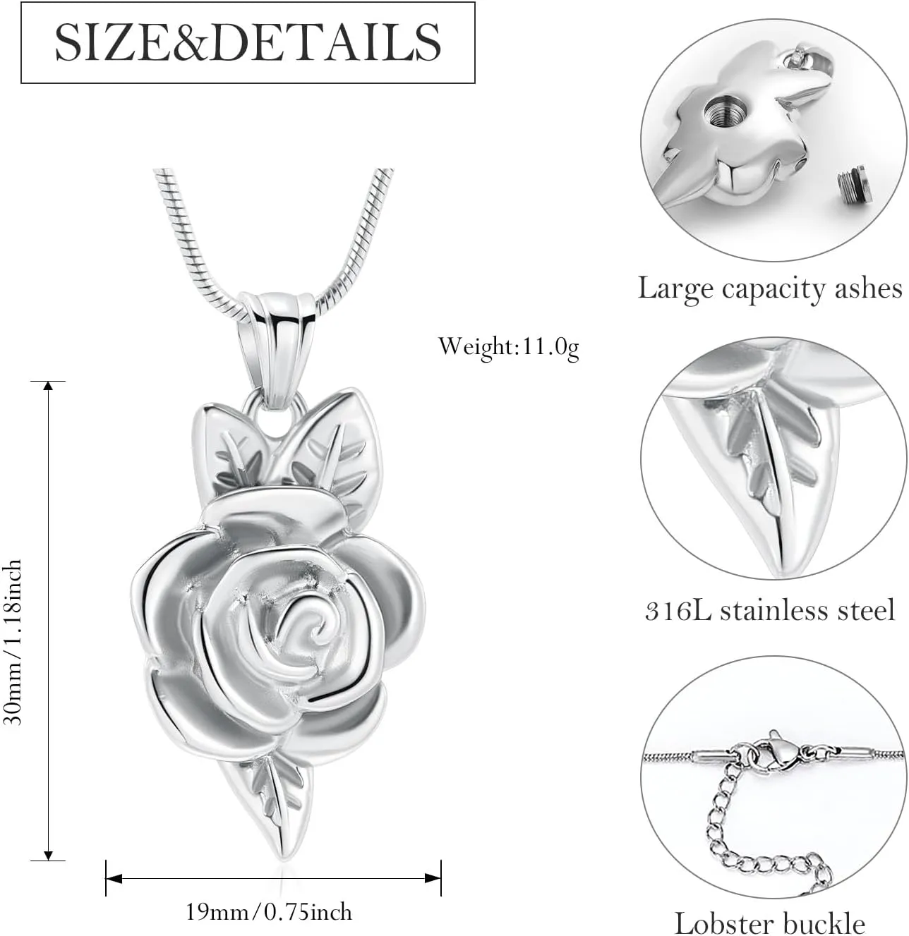 Rose Flower Urn Necklace for Ashes Cremation Jewelry for Women Girls Stainless Steel Memorial Necklaces Ash Holder for Human Pets Keepsake Jewelry for Loved Ones with Fill Tool