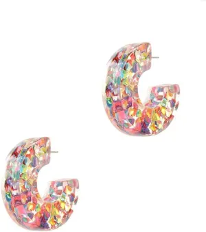 Rosemarie & Jubalee Women's Colorful Glitter Confetti Filled Chunky Resin Hoop Hypoallergenic Post Back Earrings, 1.5"
