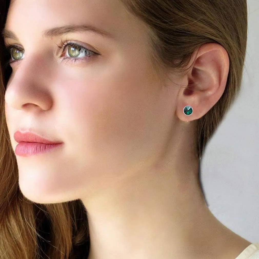 Round Austrian Crystal Stud Earrings for Women Fashion 925 Sterling Silver Hypoallergenic Jewelry