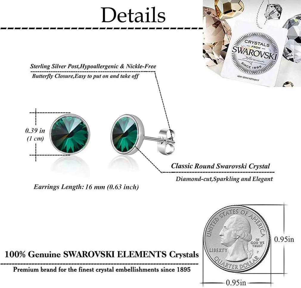 Round Austrian Crystal Stud Earrings for Women Fashion 925 Sterling Silver Hypoallergenic Jewelry