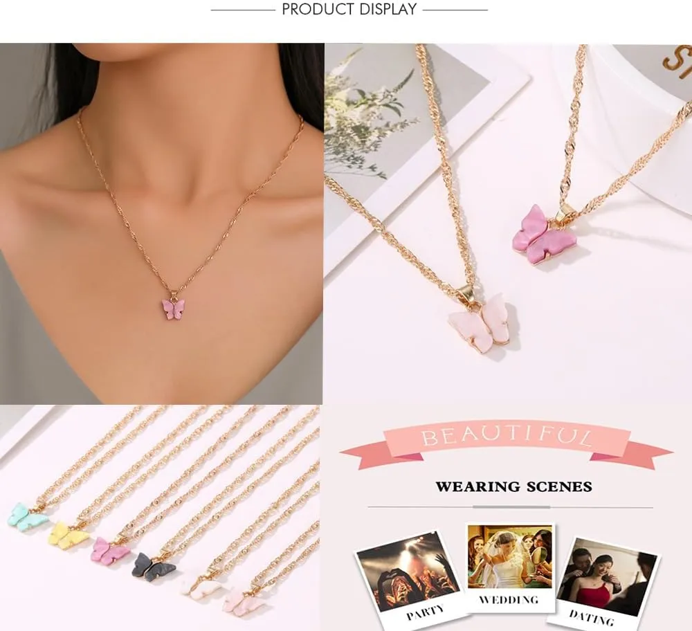 Rrdaily 8 Pcs Woman's Butterfly Necklace Sets Butterfly Gifts for Women Cute Butterfly Pendant Necklace Friendship Necklace Pack for Best Friend Birthday Party Favors Jewelry