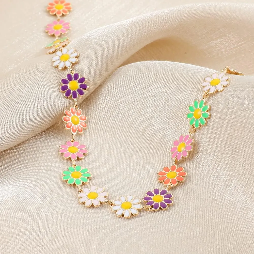 Rrdaily Y2k Daisy Flower Choker Necklace for Women Bohemian Colorful Sunflower Floral Necklace Hippie Necklace Beach Holiday Party Jewelry Gift