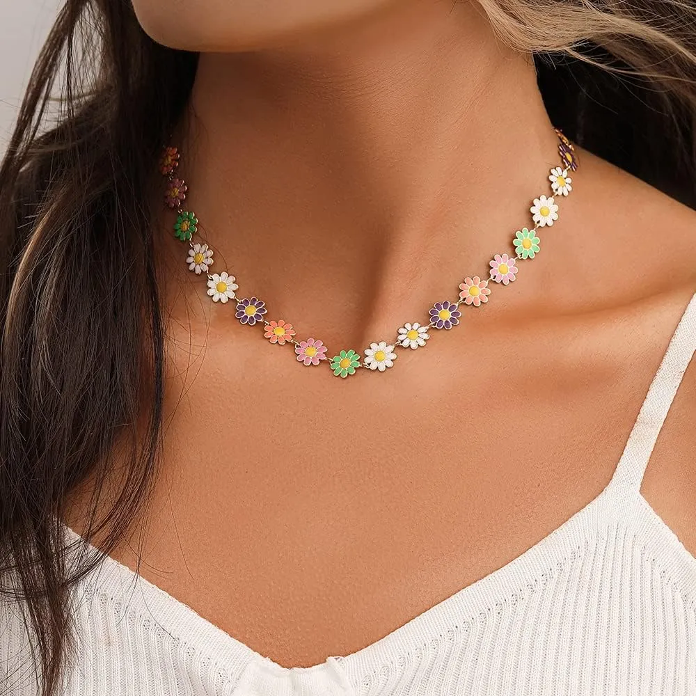 Rrdaily Y2k Daisy Flower Choker Necklace for Women Bohemian Colorful Sunflower Floral Necklace Hippie Necklace Beach Holiday Party Jewelry Gift