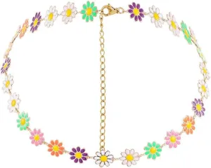 Rrdaily Y2k Daisy Flower Choker Necklace for Women Bohemian Colorful Sunflower Floral Necklace Hippie Necklace Beach Holiday Party Jewelry Gift