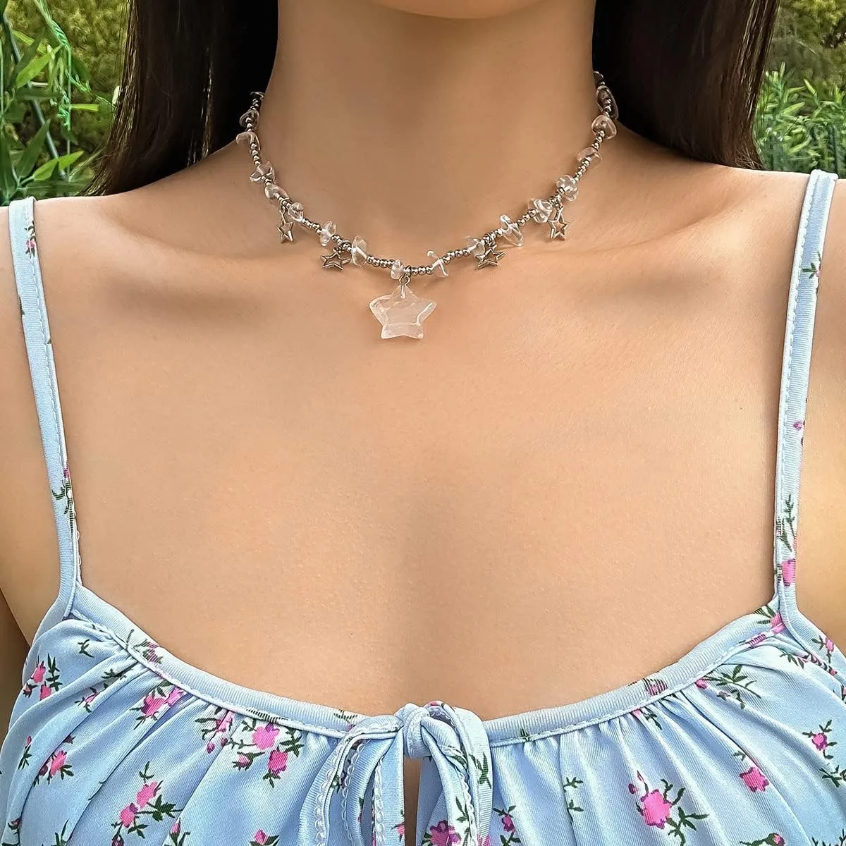 Rrdaily Y2k Star Choker Necklace Gothic Tassel for Women, Irregular Weird Crystal Stone Star Beaded Pendant Necklace Preppy Grunge Summer Accessories Jewelry