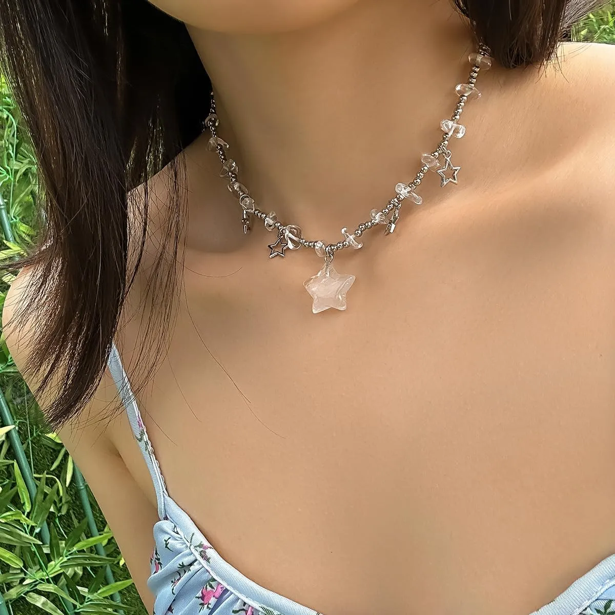 Rrdaily Y2k Star Choker Necklace Gothic Tassel for Women, Irregular Weird Crystal Stone Star Beaded Pendant Necklace Preppy Grunge Summer Accessories Jewelry