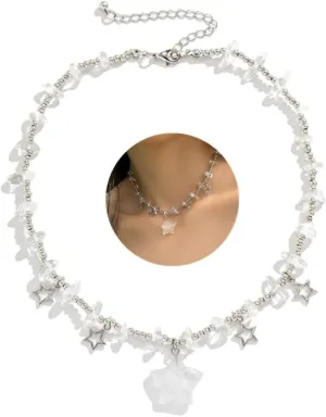 Rrdaily Y2k Star Choker Necklace Gothic Tassel for Women, Irregular Weird Crystal Stone Star Beaded Pendant Necklace Preppy Grunge Summer Accessories Jewelry