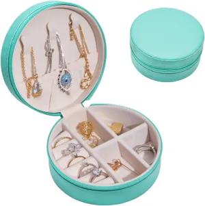 RT&BS Small Travel Jewelry Case, Round Mini Travel Jewelry Box for Rings Earrings Necklaces, Gifts for Women Girls (Cyan Blue)
