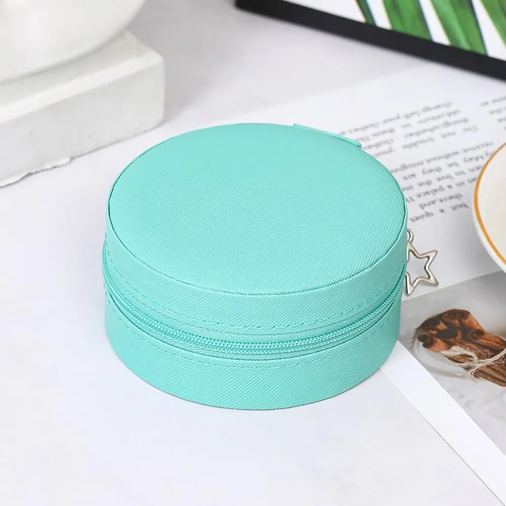 RT&BS Small Travel Jewelry Case, Round Mini Travel Jewelry Box for Rings Earrings Necklaces, Gifts for Women Girls (Cyan Blue)