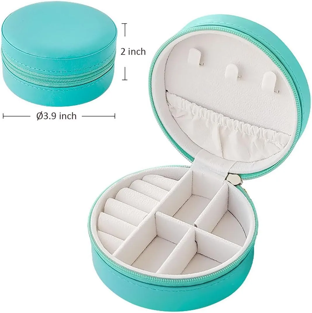 RT&BS Small Travel Jewelry Case, Round Mini Travel Jewelry Box for Rings Earrings Necklaces, Gifts for Women Girls (Cyan Blue)