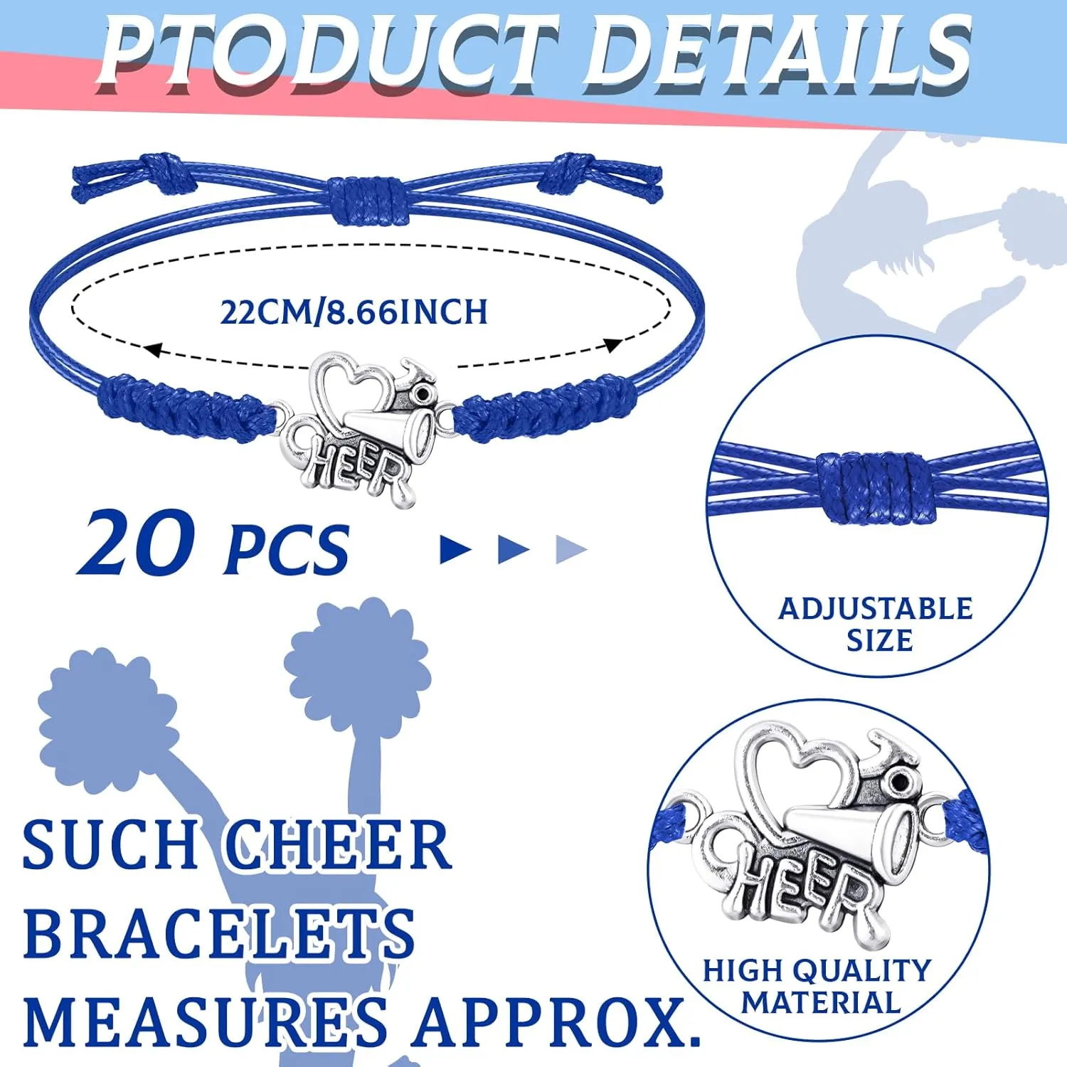 Rtteri 20 Pcs Cheerleader Gifts Cheer Bracelet Girls Charm Bracelet Adjustable Cheerleader Gifts For Cheer Team Jewelry Accessories Bulk