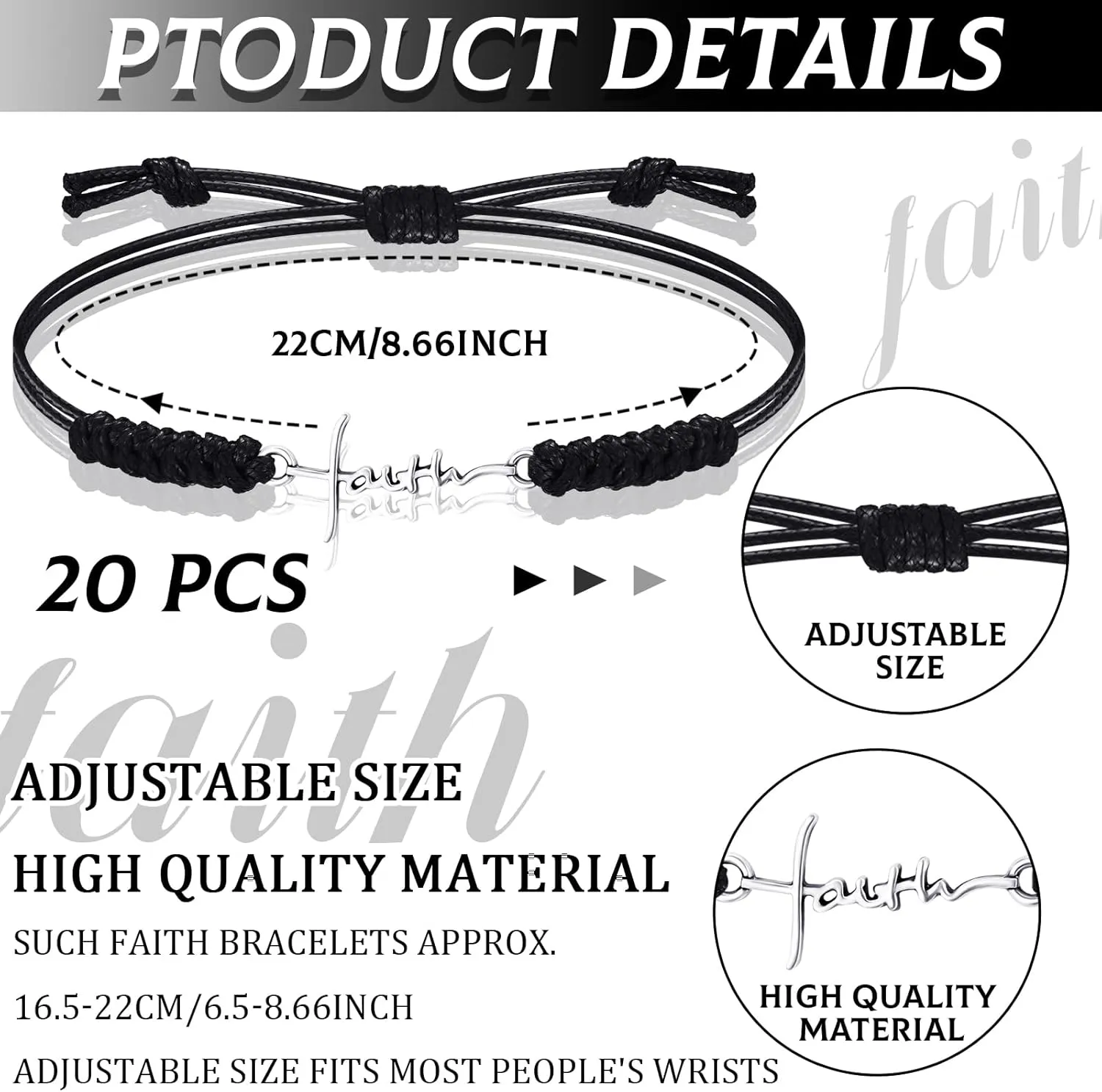 Rtteri 20 Pcs Faith Cross Bracelets Inspirational Birthday Jewelry Gifts Bulk Stainless Steel Hope Charm Adjustable Faith Bracelet Religious Gifts for Women Christian