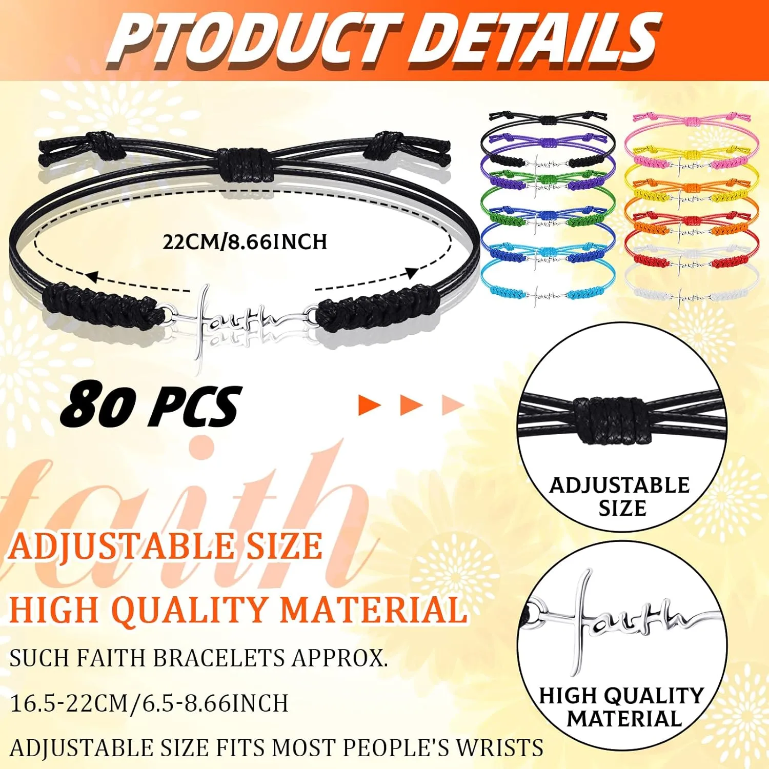 Rtteri 80 Pcs Faith Cross Bracelets Bulk Inspirational Birthday Jewelry Gifts Stainless Steel Hope Charm Adjustable Faith Bracelet Religious Accessories for Women Christian Gifts
