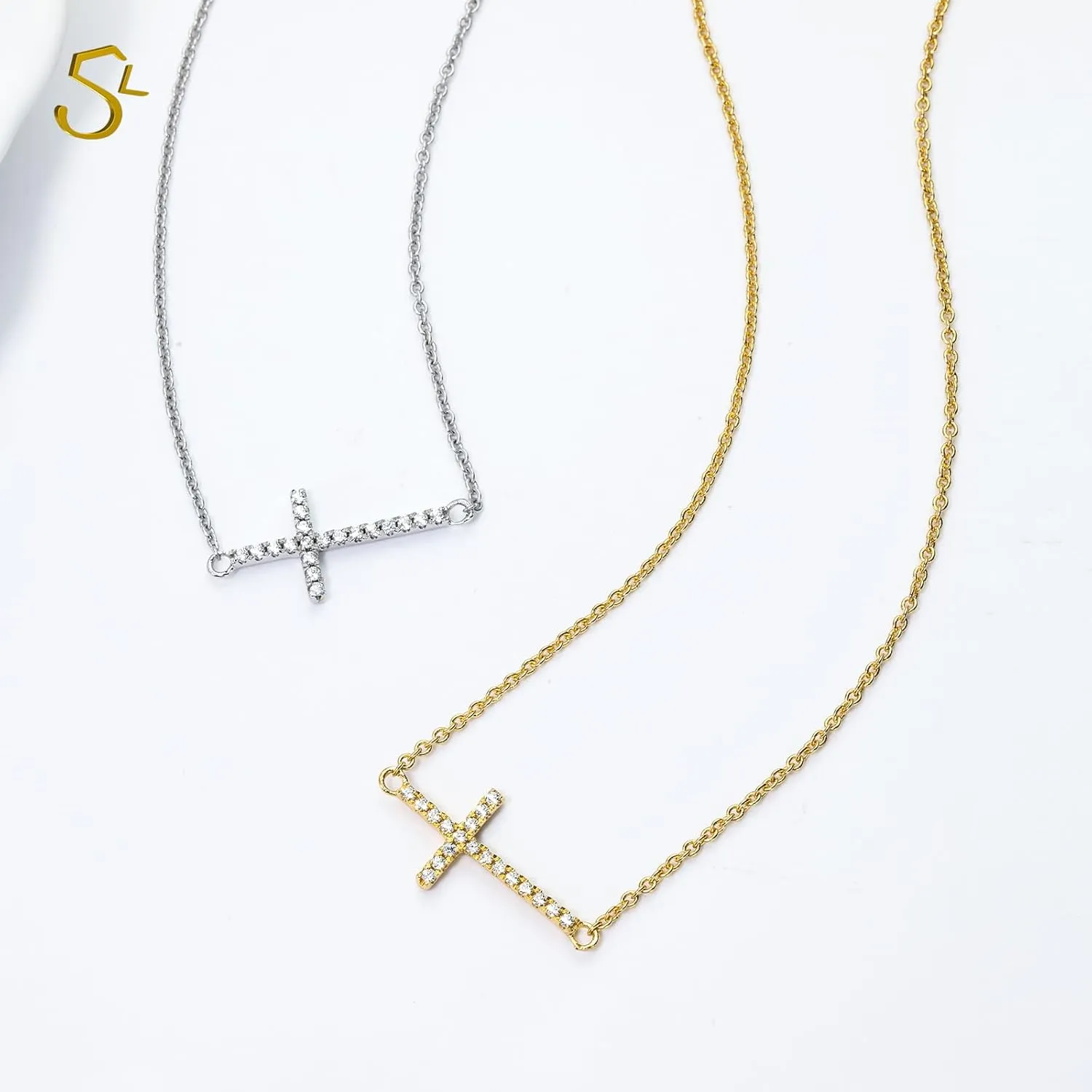 S 14K Gold Plated Cross Necklace for Women Adjustable Sideways Cross Necklace for Women Cubic Zirconia Cross Pendant Gold Necklaces for Women Christian Gifts for Women