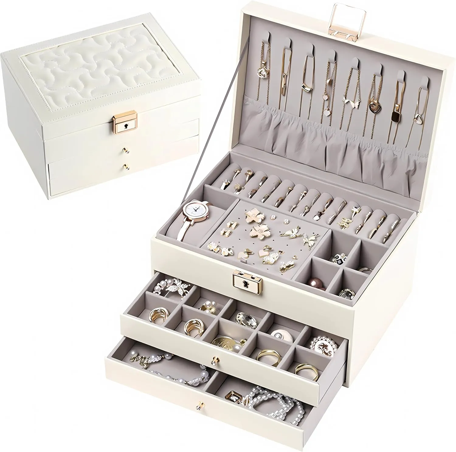 SANNI Jewelry Box for Women,Jewelry Organizer with 3-Layer Jewelry Storage Drawers for Necklaces Rings Earrings Bracelets,Lockable Jewelry Holder,Christmas Gift
