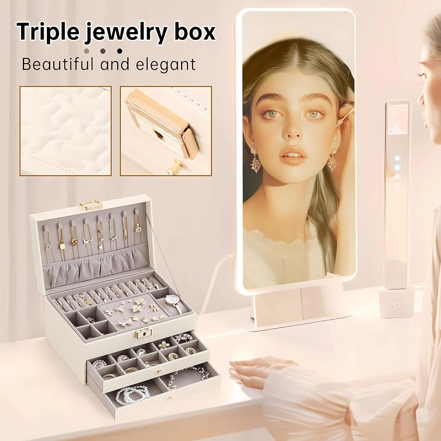 SANNI Jewelry Box for Women,Jewelry Organizer with 3-Layer Jewelry Storage Drawers for Necklaces Rings Earrings Bracelets,Lockable Jewelry Holder,Christmas Gift