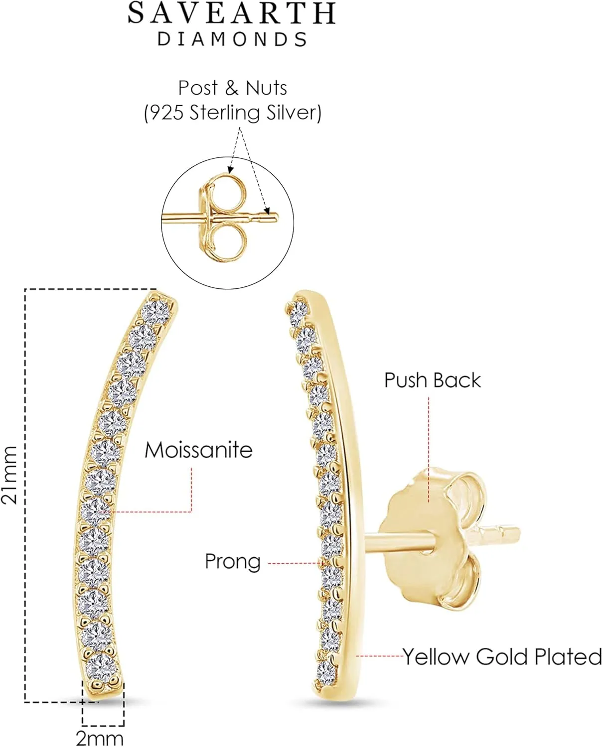 SAVEARTH DIAMONDS 18k Gold Plated Sterling Silver Post Moissanite Diamond Ear Crawler Earrings | Ear Climber Earrings For Women | Trendy Jewelry Gifts For Her