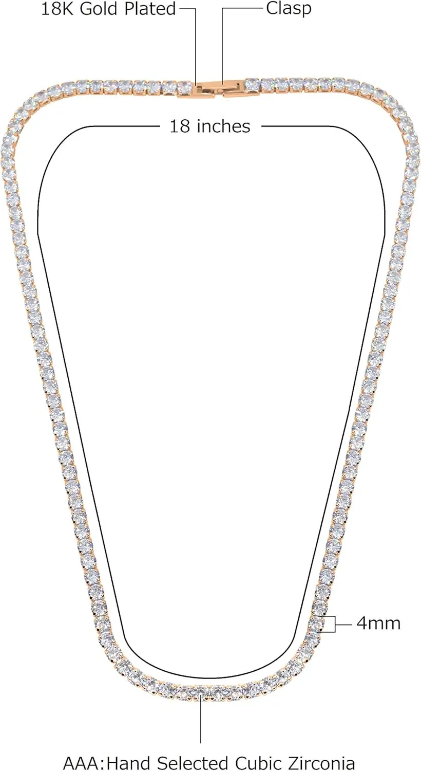 Savlano 18K Gold Plated Cubic Zirconia Round 4MM Classic Tennis 18 Inches Chain Necklace For Women & Men Comes With a Gift Box