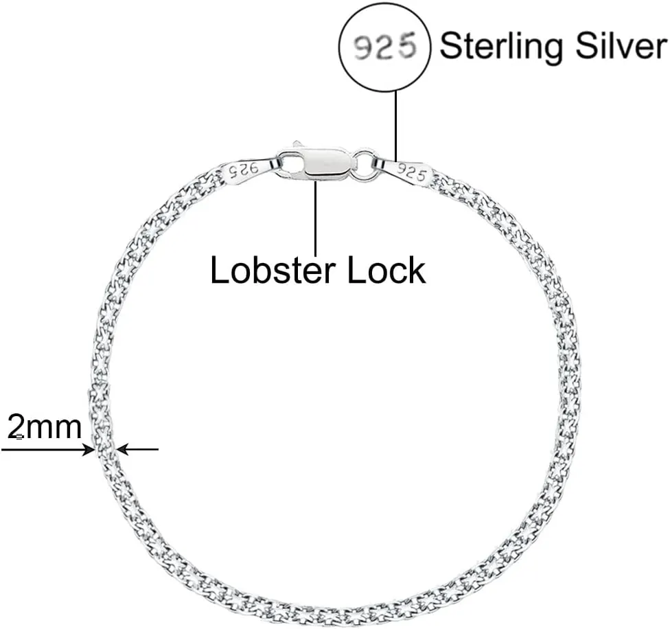 Savlano 925 Sterling Silver 2MM Bismark Chain Mesh Link Anklet for Women Comes in 9"-10" inches with Gift Box - Made in Italy