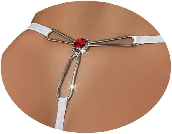 Sexy Red Rhinestone Thong Panties Crystal Waist Belly Bikini Body Chain Jewelry Adjustable Elastic Crystal Underwear Festival Rave G-String Waist Body Chain Jewelry for Women (White)