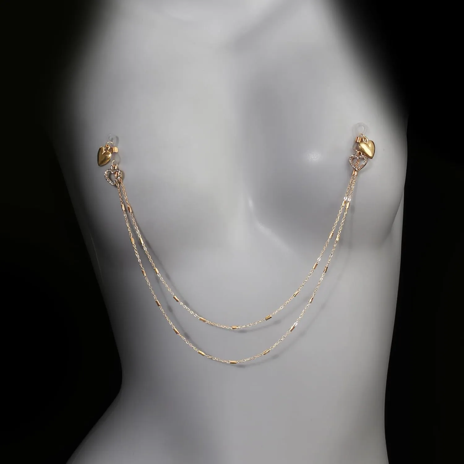 Sexy Rhinestone Love Heart Dangle Bra Nipple Chain for Women Layered Tassel Non Piercing Faux Nipple Rings Adjustable Noose Nightclub Bikini Festival Rave Party Lingerie Chest Body Accessories Jewelry