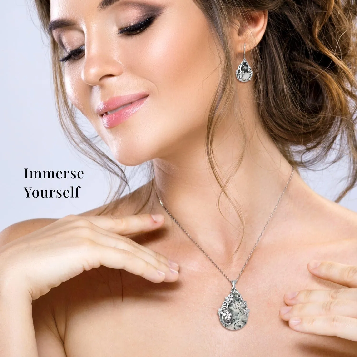 Shop LC Jewelry Set for Women - Floral Gemstone Necklace & Earring Sets - Lapis Lazuli, Black Onyx & Dendritic Pendant Necklaces & Dangle Earrings - 20" Necklace Length Birthday Gifts for Women