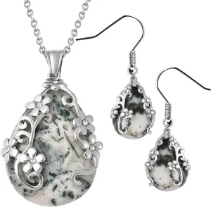 Shop LC Jewelry Set for Women - Floral Gemstone Necklace & Earring Sets - Lapis Lazuli, Black Onyx & Dendritic Pendant Necklaces & Dangle Earrings - 20" Necklace Length Birthday Gifts for Women