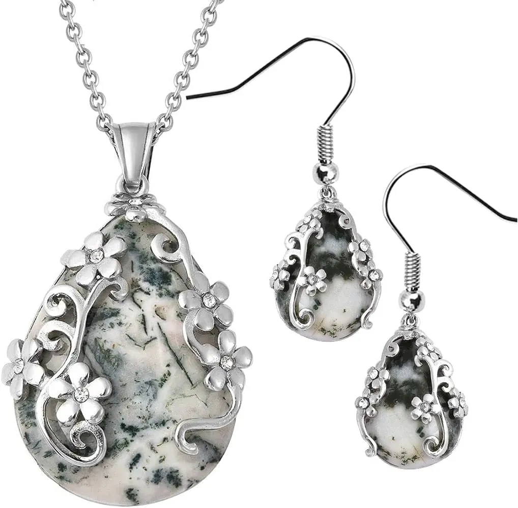 Shop LC Jewelry Set for Women - Floral Gemstone Necklace & Earring Sets - Lapis Lazuli, Black Onyx & Dendritic Pendant Necklaces & Dangle Earrings - 20" Necklace Length Birthday Gifts for Women