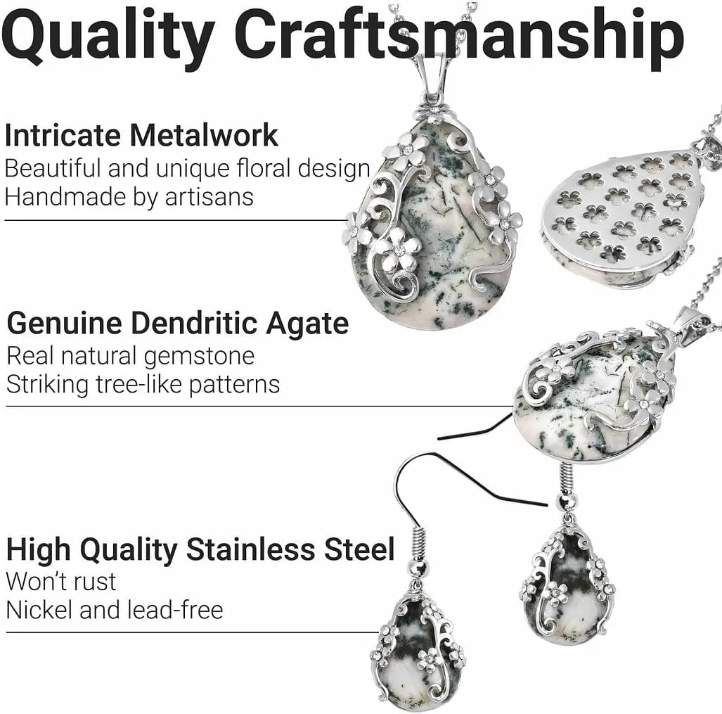 Shop LC Jewelry Set for Women - Floral Gemstone Necklace & Earring Sets - Lapis Lazuli, Black Onyx & Dendritic Pendant Necklaces & Dangle Earrings - 20" Necklace Length Birthday Gifts for Women