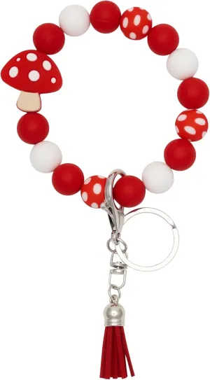 Silicone Keychain Beaded Wristlet Key Ring Bracelet,Beaded Keychain with Leather Tassel for Women
