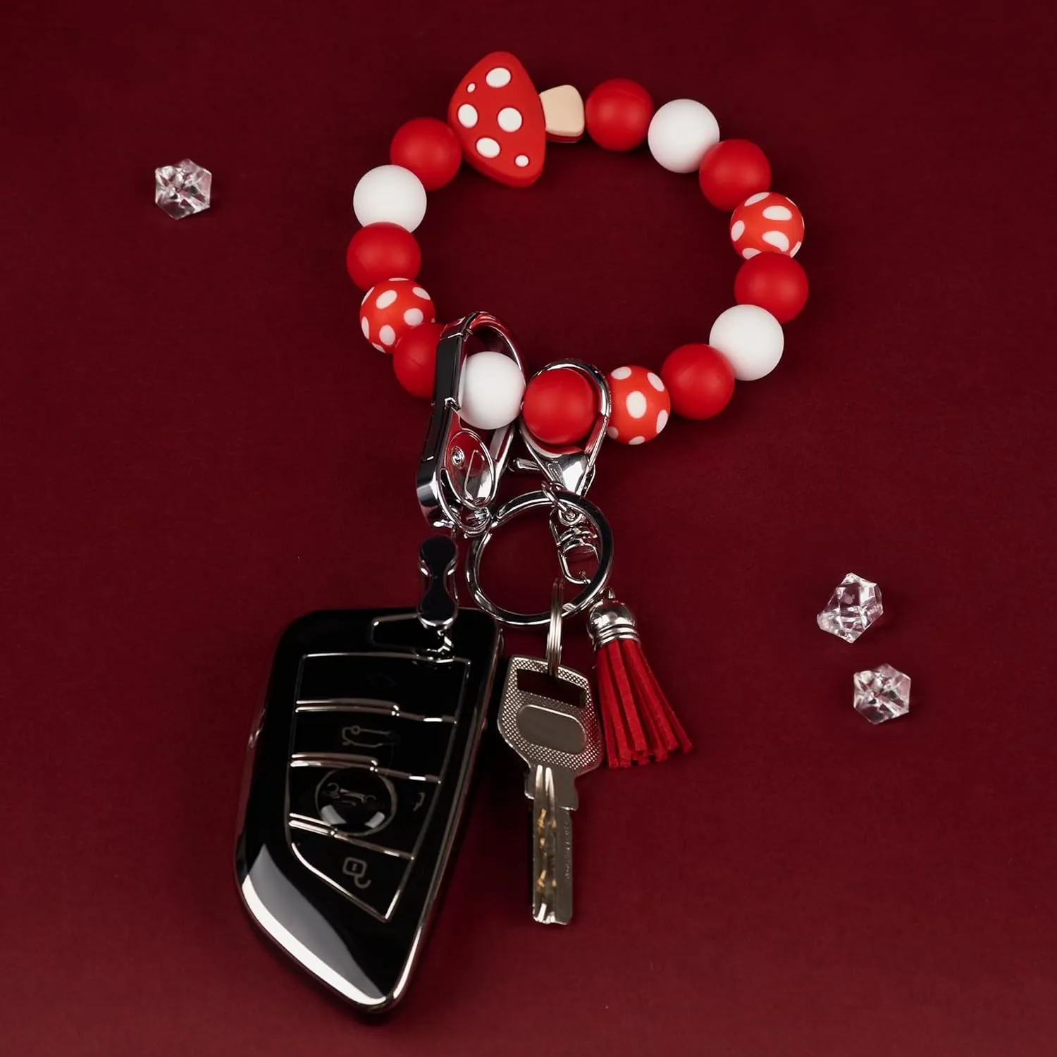 Silicone Keychain Beaded Wristlet Key Ring Bracelet,Beaded Keychain with Leather Tassel for Women