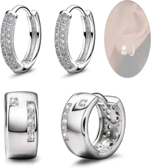 Silver Earrings Set for Women Girls Trendy - 2 Pairs 14K White Gold Plated Tiny Cartilage Earrings Small Hoop Earrings Cubic Zirconia Huggie Earrings Lightweight Hollow Earrings Crystal Earrings Gift