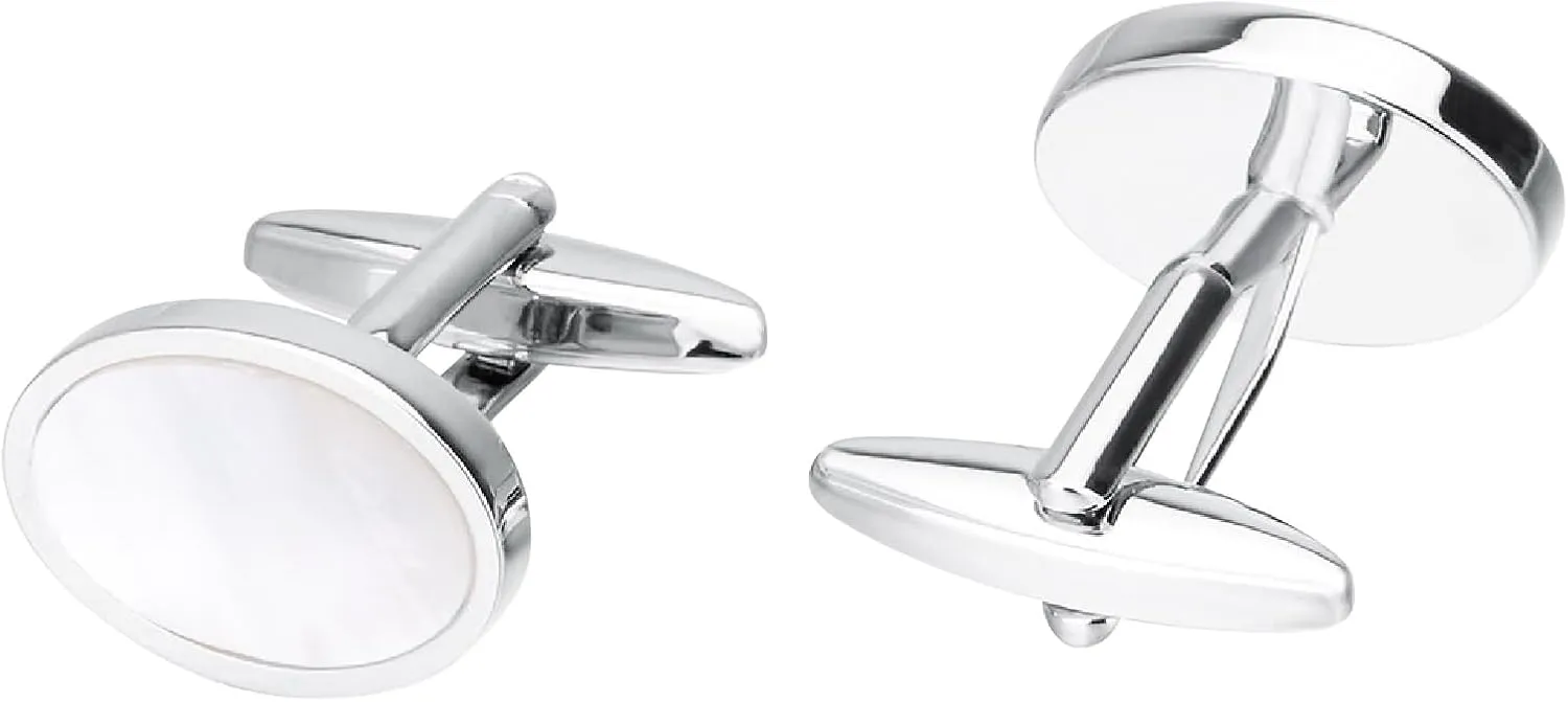Silver Plated Cufflinks, Men Dress Shirt Cuff Links with Round White Fritillaria Mens Cufflink Set