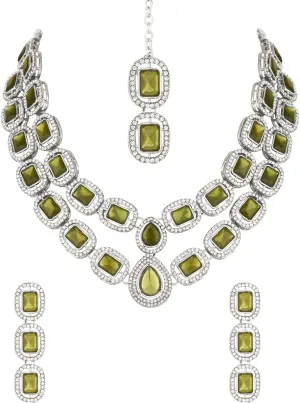 Silver Plated Indian Wedding Bollywood Stone Choker Necklace Jewellery With Earring & Maang Tikka Set For Women (IJ380Z)