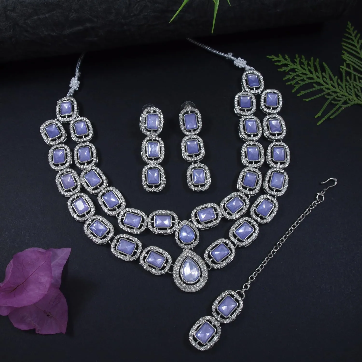Silver Plated Indian Wedding Bollywood Stone Choker Necklace Jewellery With Earring & Maang Tikka Set For Women (IJ380Z)