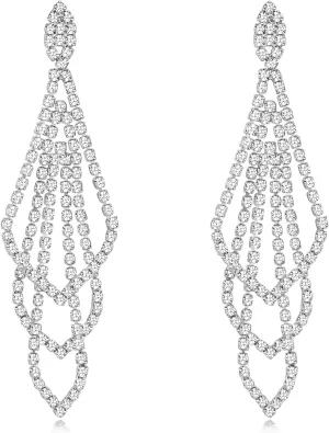Silver Rhinestone Rectangle Dangle Earrings for Women Cubic Zirconia Crystal Dangle Earrings Long Chandelier Earrings Multi Layer Tassel Earrings Wedding Bridal Jewelry