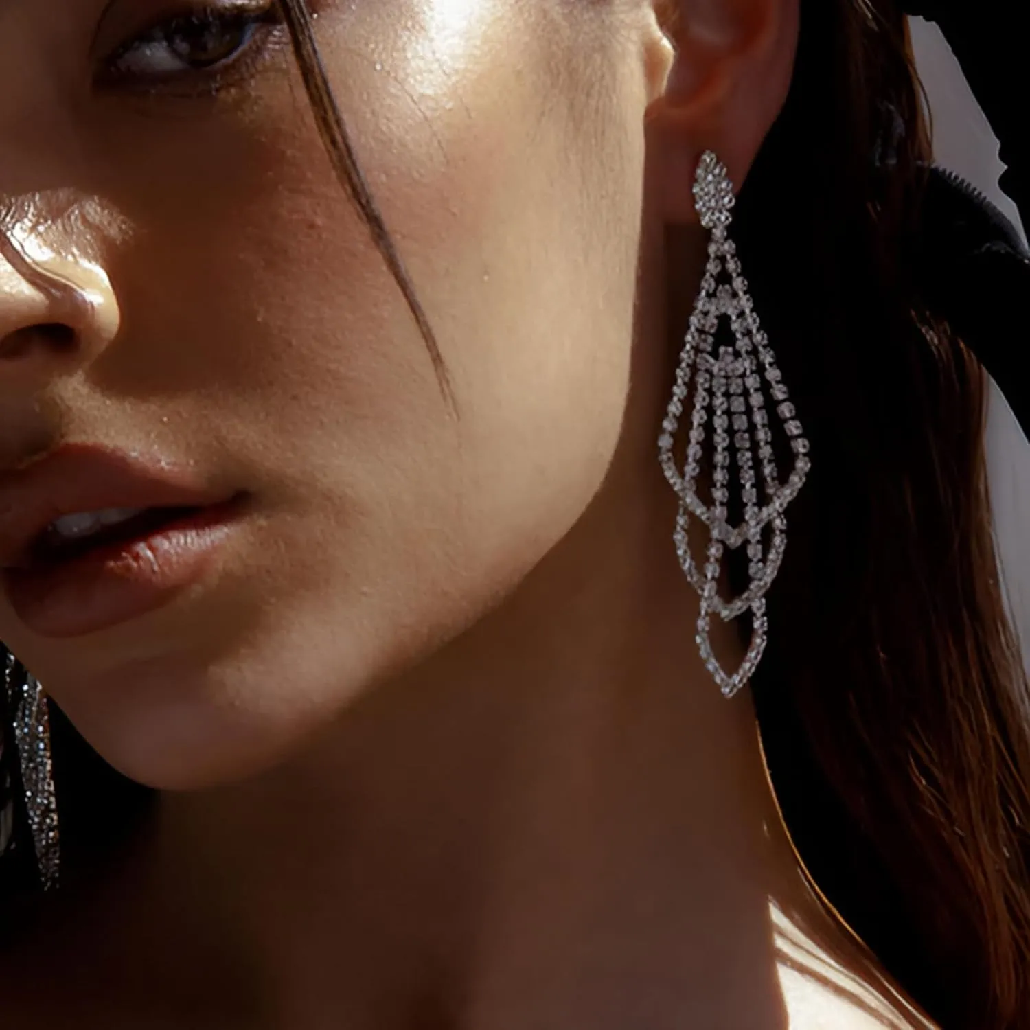 Silver Rhinestone Rectangle Dangle Earrings for Women Cubic Zirconia Crystal Dangle Earrings Long Chandelier Earrings Multi Layer Tassel Earrings Wedding Bridal Jewelry