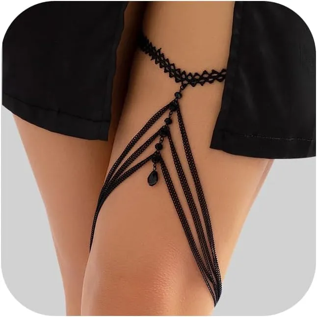 Simple Crystal Bead Leg Chain Jewelry Bikini Festival Halloween Heart Rhinestone Thigh Body Chain Summer Elastic Black Thigh Chain Jewelry for Women
