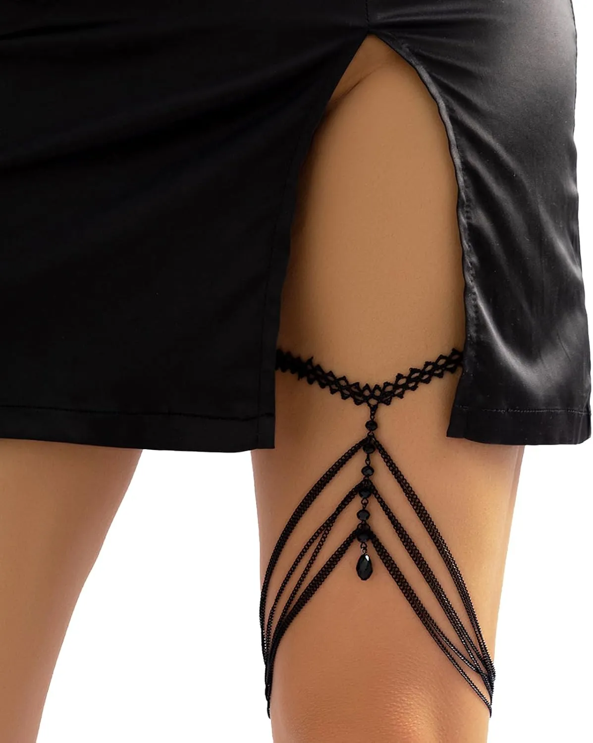 Simple Crystal Bead Leg Chain Jewelry Bikini Festival Halloween Heart Rhinestone Thigh Body Chain Summer Elastic Black Thigh Chain Jewelry for Women