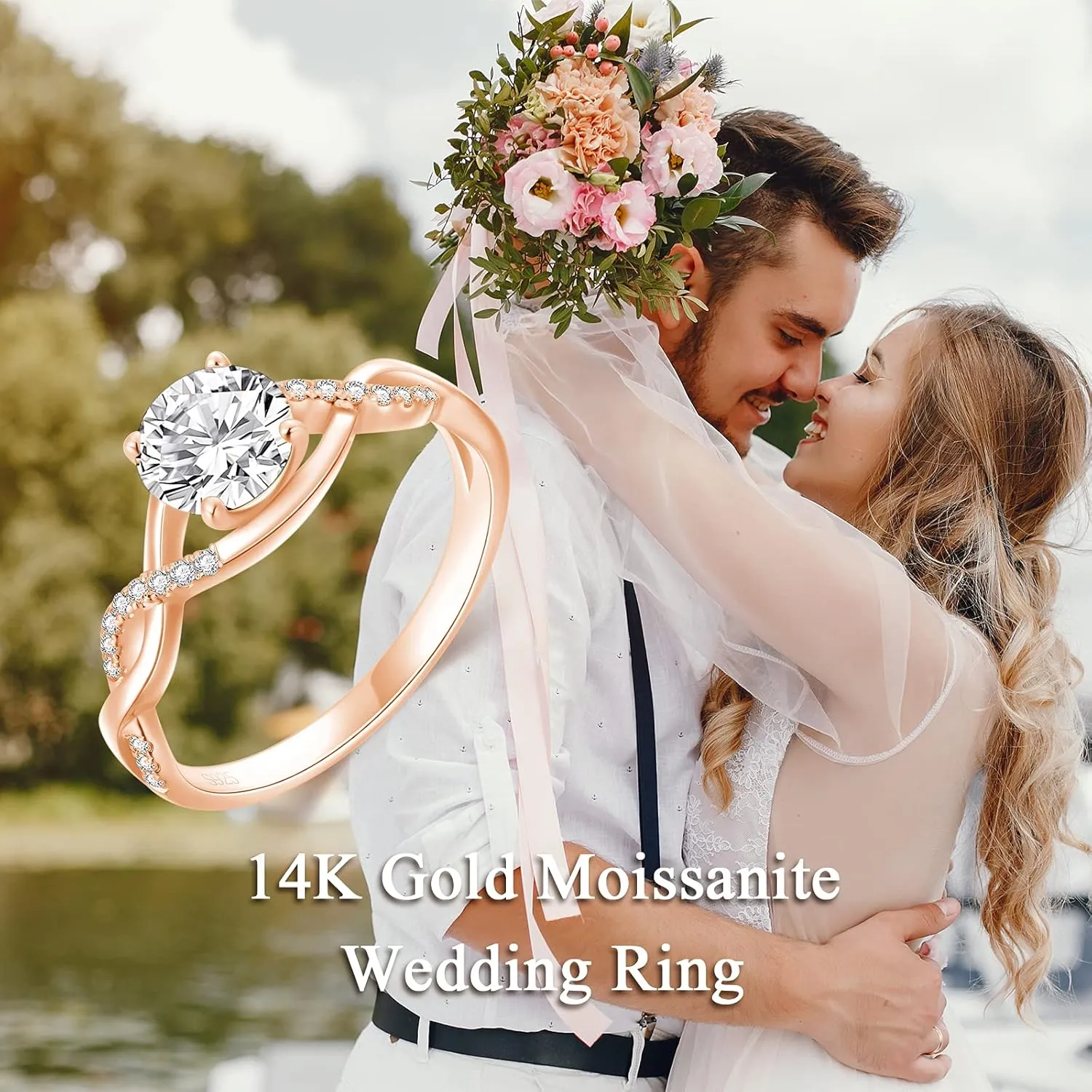SISGEM 14K Gold Wedding Ring for Women,Split Shank Pave Set 1.3 Carat(cttw) Moissanite Engagement Ring With Engraved Name,Wedding Anniversary Size 5-11