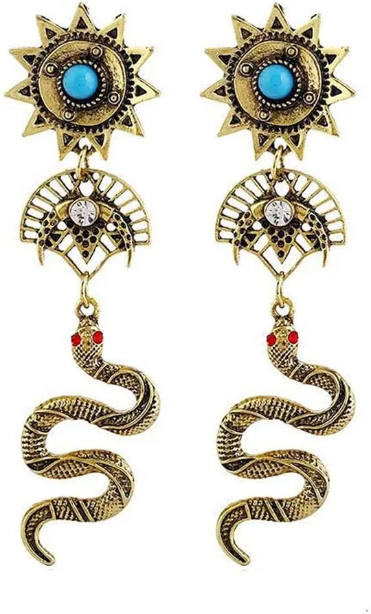 Snake Earrings for Women Gothic Serpent Snake Dangle Earrings Retro Sun Moon Drop Earrings Bohemian Religious Totem Ear Jewelry Gifts