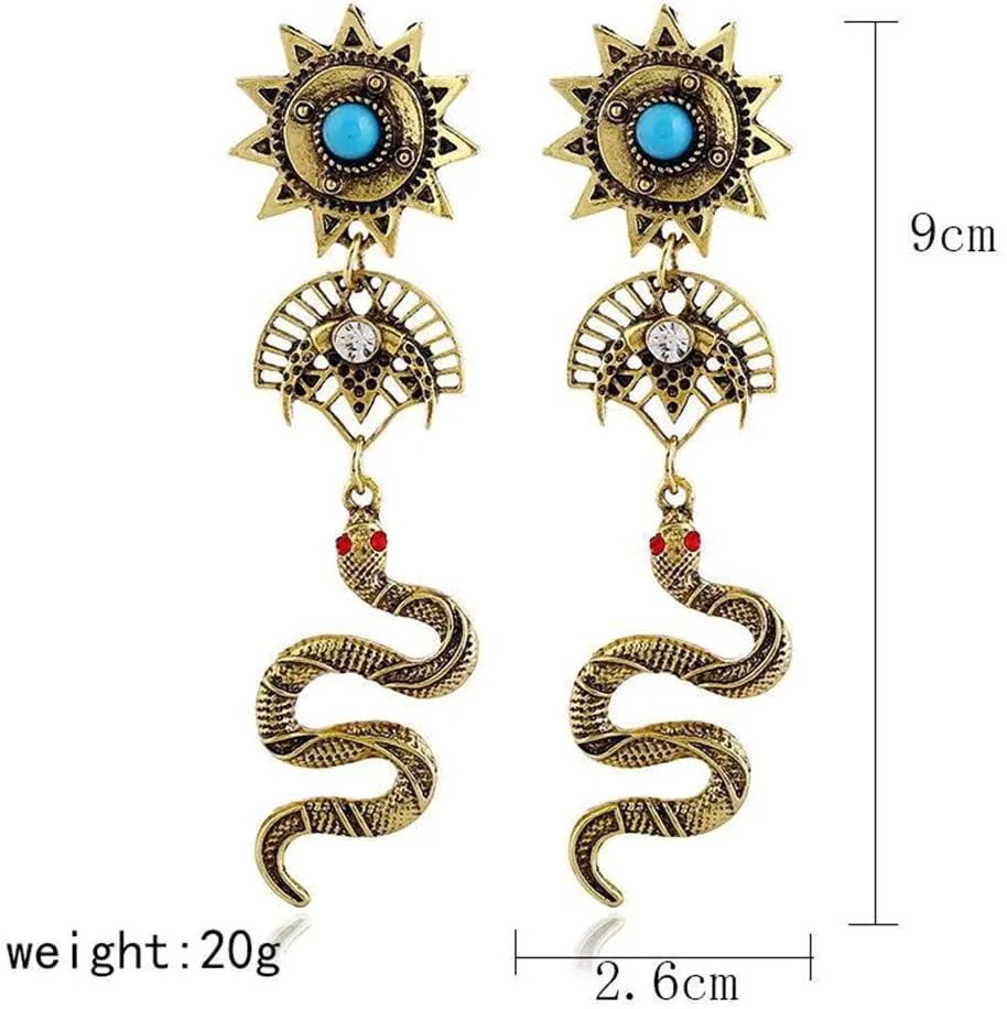Snake Earrings for Women Gothic Serpent Snake Dangle Earrings Retro Sun Moon Drop Earrings Bohemian Religious Totem Ear Jewelry Gifts
