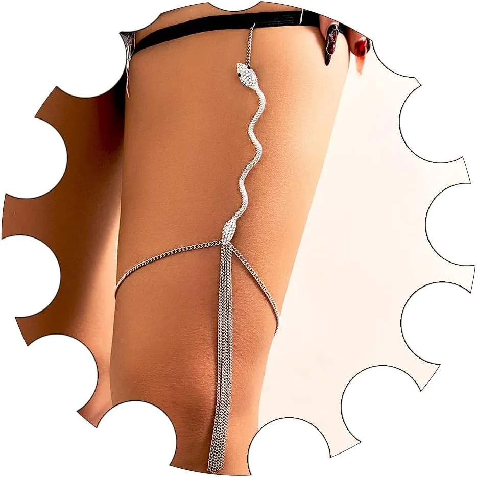 Snake Leg Chain Rhinestone Thigh Chain Silver Tassel Body Thigh Chain Elasticity Layered Thigh Jewelry Chain for Women