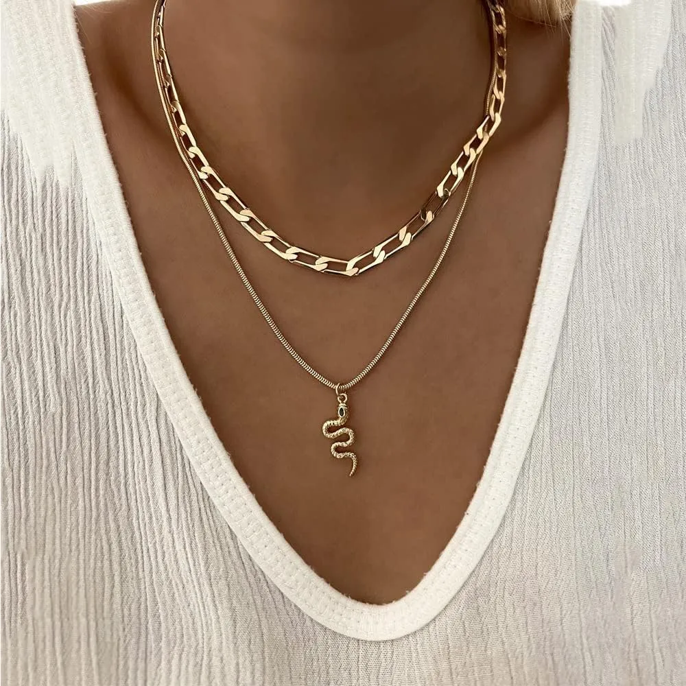 Snake Necklace For Women, Gold Goth Silver Chunky Pendant Chain Layer Dainty Trendy Retro Vintage Punk Gohtic