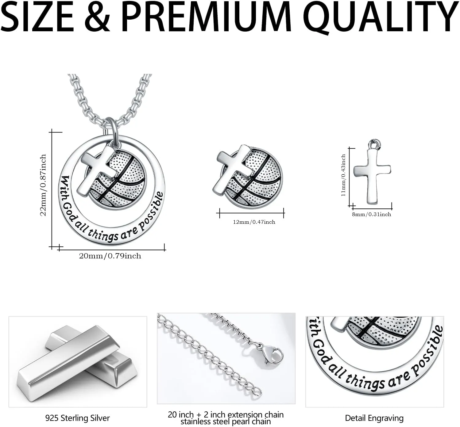 Soccer Football Basketball Sports Pendant Necklaces S925 Sterling Silver Men's Cross Crucifix Bible Verse Athletes Necklace with 20 2 inches Stainless Steel Chain Birthday Father's Day Jewelry Gift for Men Father Son Brother
