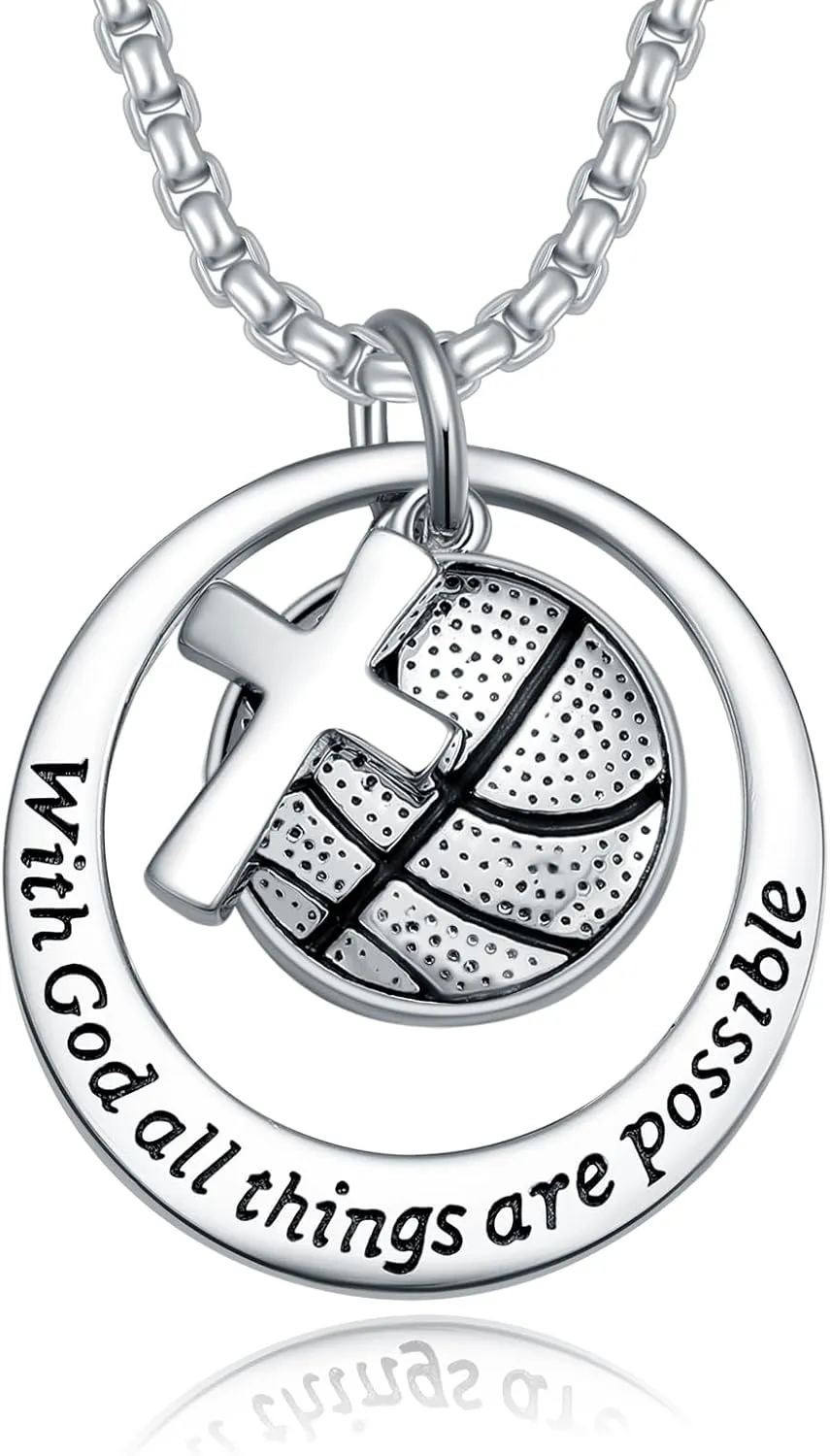 Soccer Football Basketball Sports Pendant Necklaces S925 Sterling Silver Men's Cross Crucifix Bible Verse Athletes Necklace with 20 2 inches Stainless Steel Chain Birthday Father's Day Jewelry Gift for Men Father Son Brother