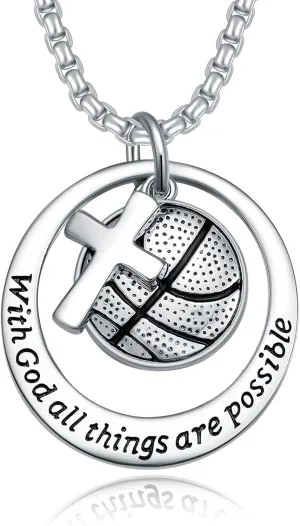 Soccer Football Basketball Sports Pendant Necklaces S925 Sterling Silver Men's Cross Crucifix Bible Verse Athletes Necklace with 20 2 inches Stainless Steel Chain Birthday Father's Day Jewelry Gift for Men Father Son Brother