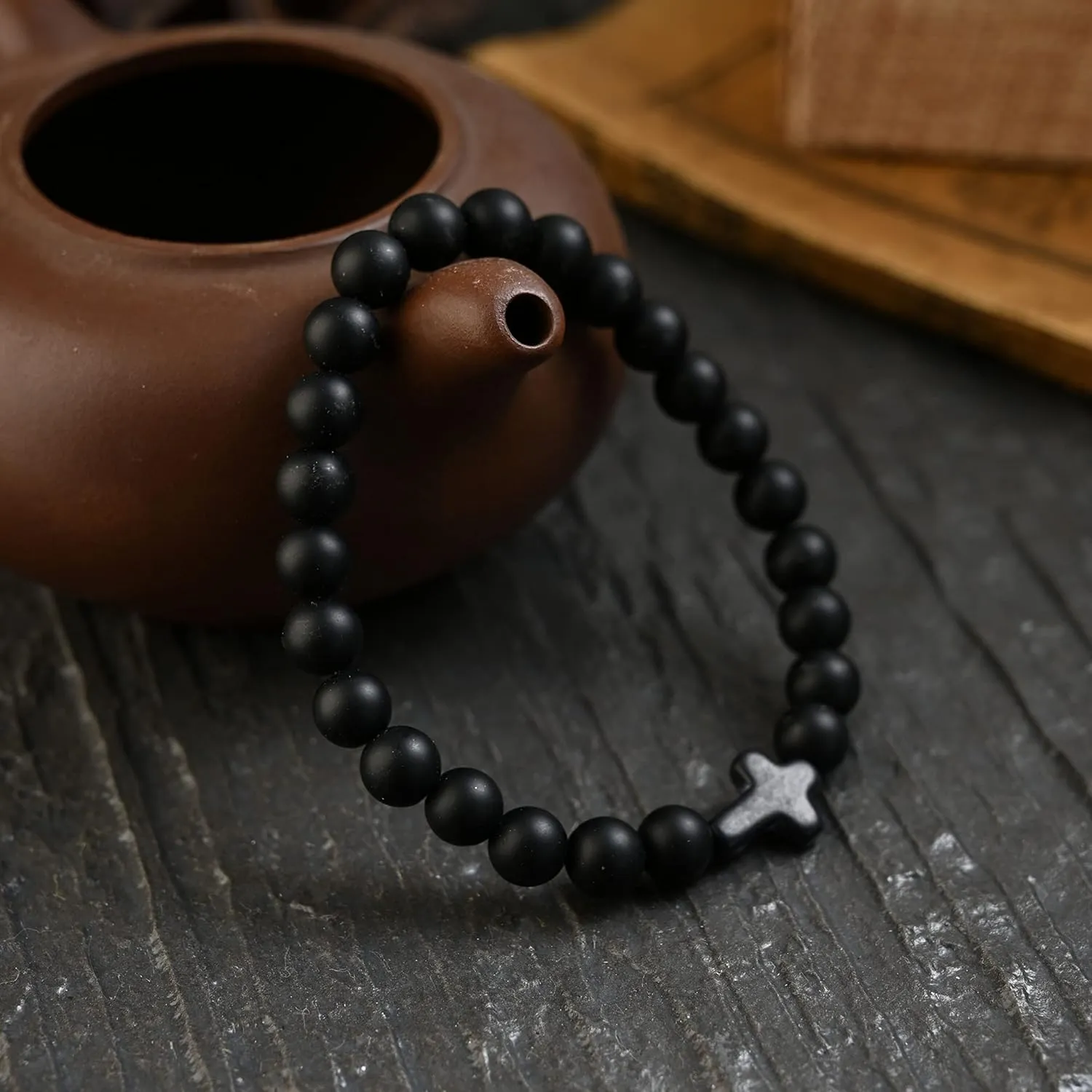 Softones 8mm Beads Cross Bracelets for Women Men Natural Stone Elastic Stretch Prayer Bracelet for Women Friendship Cross Gifts