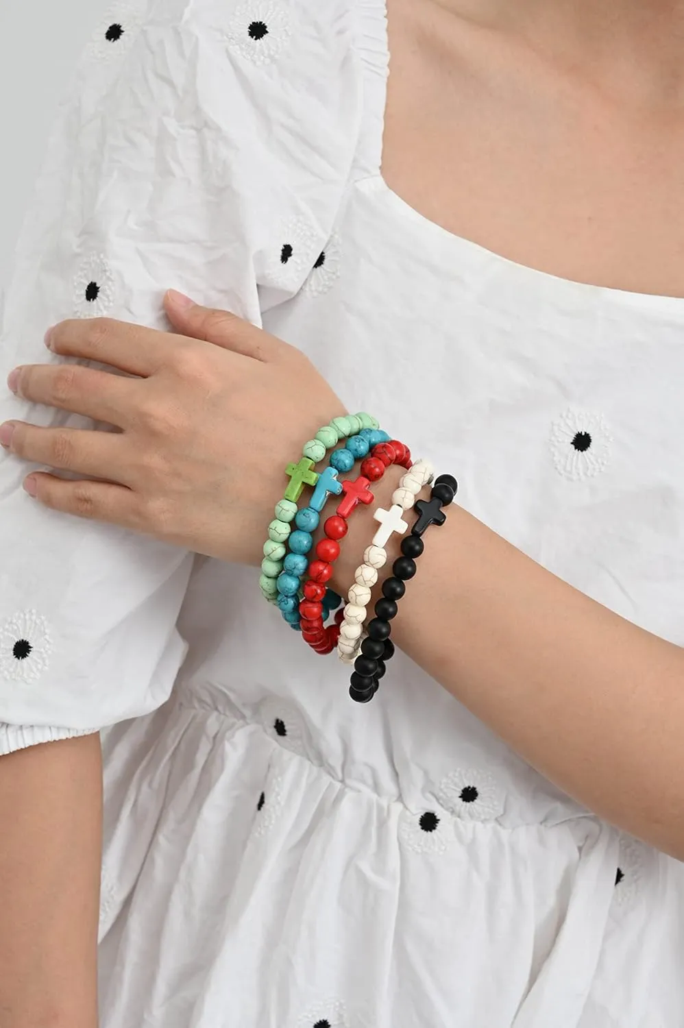 Softones 8mm Beads Cross Bracelets for Women Men Natural Stone Elastic Stretch Prayer Bracelet for Women Friendship Cross Gifts